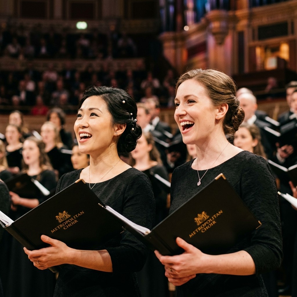 Two diverse women singing joyfully in a choir